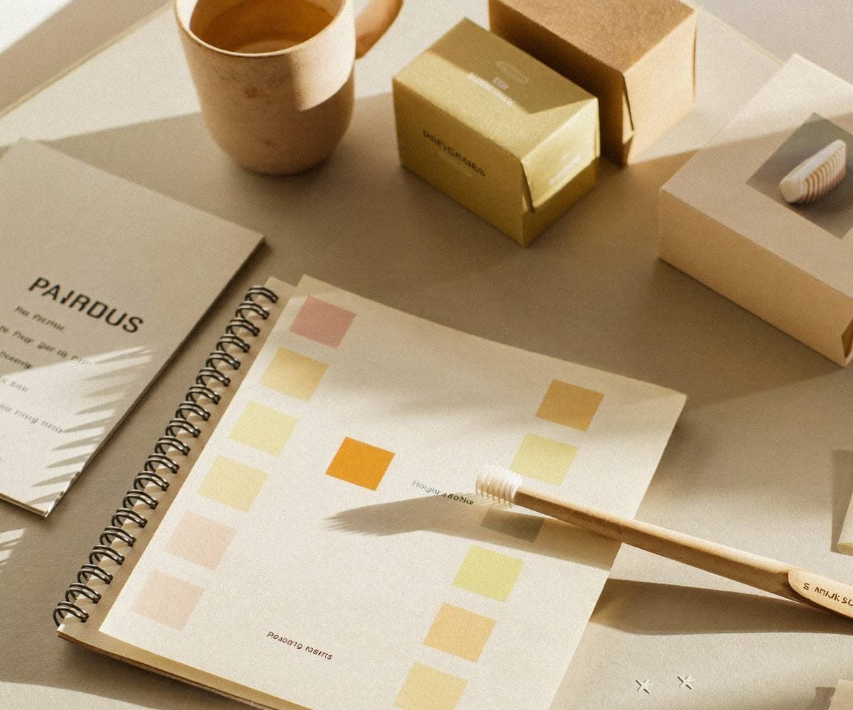 Brand work in progress on the Bumbee studio desk — swatches, packaging, a bamboo toothbrush